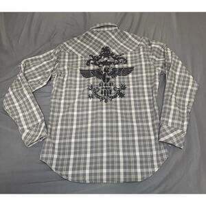 Guess Western Pearl Snap Shirt Green Plaid Graphic Premium Print Men’s Sz L